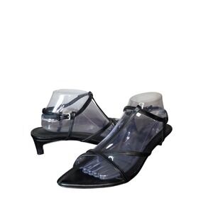 Black Strappy Kitten Heel Sandals Womens 8.5 Pointed Toe T Strap Dress